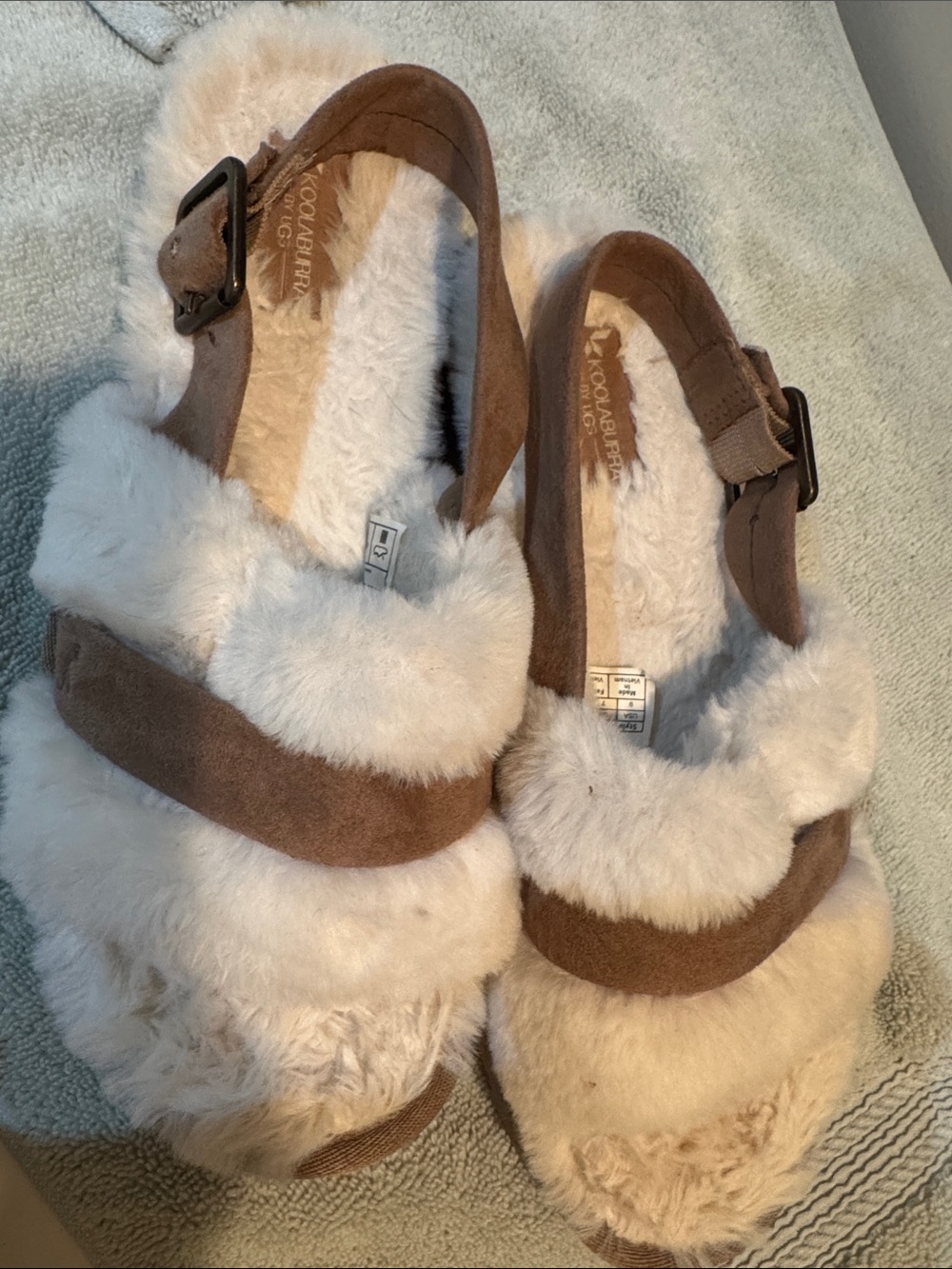 Koolaburra Cream Faux Fur Slide Sandals with Brown Suede Straps